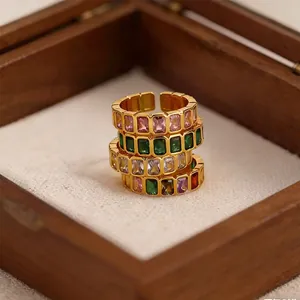 Vintage Luxury Geometric Alloy Rhinestone Open Ring For Women Minimalist Adjustable Colorful Sparkle Finger Jewelry Fashion Gift
