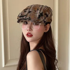 Fashionable vintage distressed plaid beret hat with brown checkered pattern for women