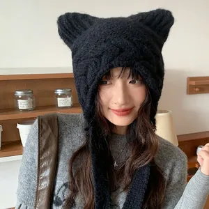 Cute black knit cat ear hat for women, winter warm beanie with long earflaps and ties
