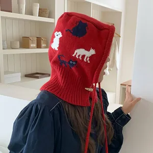 Red knitted cartoon balaclava hood for women, thick winter warm ear protection headwear