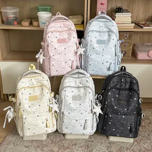 Five sweet Korean style casual backpacks with star patterns and cute plush star charms