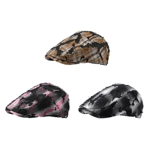 Three vintage distressed plaid flat caps with stylish ripped details in various colors