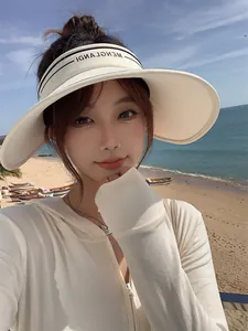 Détail d'un chapeau de soleil blanc avec large bord et ouverture pour queue de cheval
