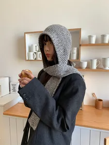 Cozy grey knitted hooded scarf and balaclava combo with ear protection for winter warmth