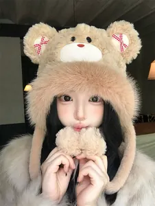 Cute fuzzy bear trapper hat with plaid bows for women's winter warmth and style