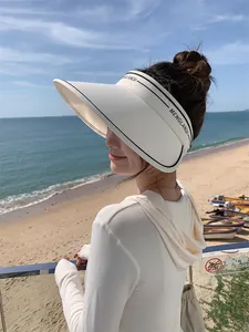 Vue détaillée de profil d'une visière pare-soleil à large bord pour femme à la plage.