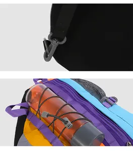 Close-up of a versatile outdoor sports bag featuring a buckle hook and water bottle strap