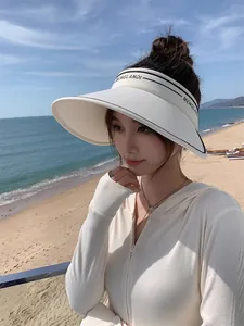 Femme asiatique portant une visière pare-soleil blanc cassé à large bord sur une plage
