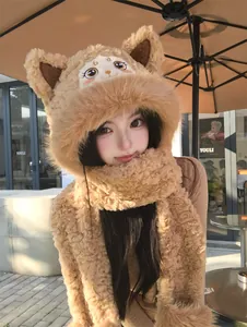 Cozy brown plush hooded scarf set with cute cat ears and embroidered face on female model