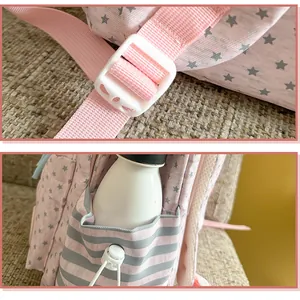 Detail shots of pink star pattern backpack showing adjustable buckle and side pocket.