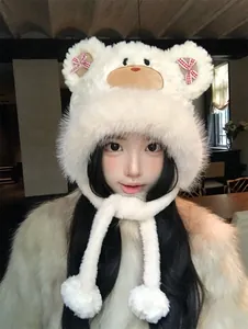 Close-up detail of cute white furry bear ear hat with pink checkered bows for women