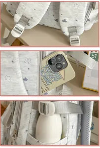 Detailed views of grey star pattern backpack side pockets and adjustable straps