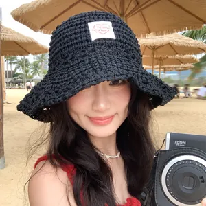 Sombrero de pescador de ganchillo negro para mujer para protección solar de verano en playa