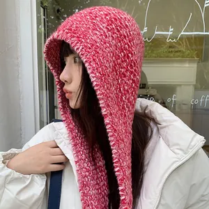 Trendy Korean style pink knitted hooded scarf hat for warm winter ear protection