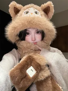 Close-up of cute plush animal ear hat and scarf set for winter warmth and comfort