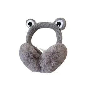 Adorable grey frog plush earmuffs, winter warm fleece ear covers for women and students
