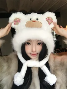 Sweet plush bear winter hat for women featuring red gingham bows and warm earflaps