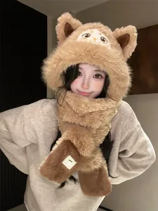 Detailed view of a cute brown plush bear ear hooded scarf with kitten face embroidery