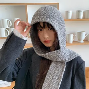 Korean style grey knitted hooded scarf hat for women providing autumn winter warmth