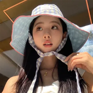 Stylish blue checkered wide-brimmed bucket hat for women summer sun protection daily