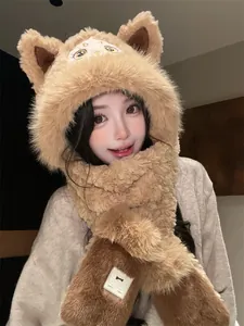 Detailed view of brown plush integrated hat scarf and glove set with cute cat ear design