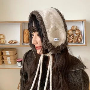Korean style plush knit earmuff hood with tie straps for women winter warmth