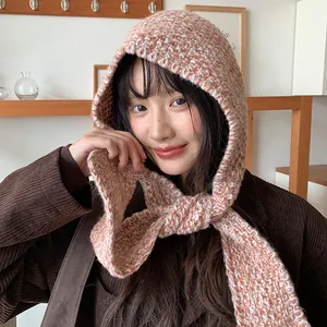 Warm Korean style integrated knitted hood and scarf wrap for winter outdoor use