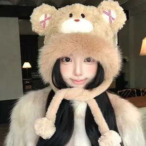 Women Sweet Plush Bear Ear Lei Feng Hat Winter Warm Trapper Hat With Checkered Bows Faux Fur Ear Protection Outdoor Cap