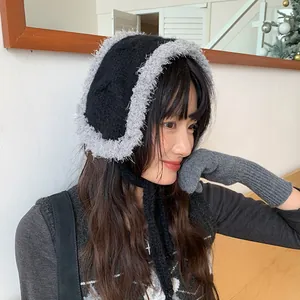 Winter warm Korean style plush tied ear muffs for women in black and grey cozy hood design