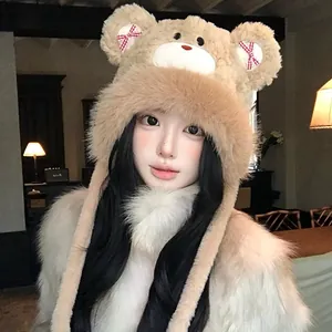 Cute and sweet fluffy bear winter Leifeng hat with bow detail and integrated scarf for women