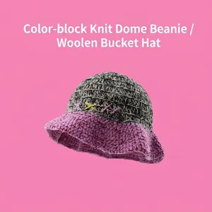 Japanese Style Handmade Color Block Knitted Bucket Hat Acrylic Mixed Color Winter Warm Women Crochet Beanie Hat