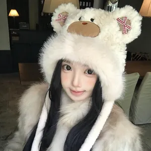 Sweet white plush bear ear Lei Feng hat for women with cute red checkered bows