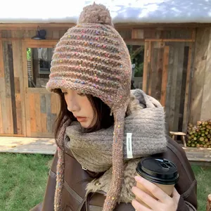 Women Winter Warm Knit Bomber Hat With Pompom Ear Flaps Candy Colored Speckled Pattern Outdoor Windproof Beanie Cap