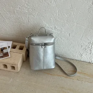 Elegante borsa a tracolla argentata metallizzata per cellulare con pratica doppia zip
