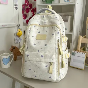 Detailed view of a sweet Korean style cream backpack with blue star and maple leaf patterns