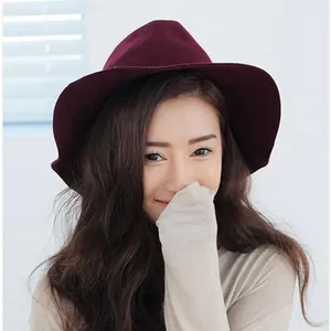 Elegant burgundy wool felt wide brim fedora hat for women in autumn winter season