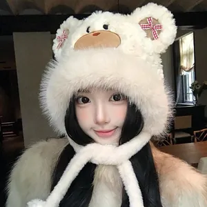 Sweet white plush bear trapper hat with red bows and earflaps for winter fashion