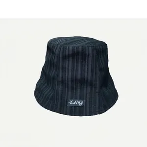 Black pleated bucket hat for women with vertical stripe texture and brand tag detail