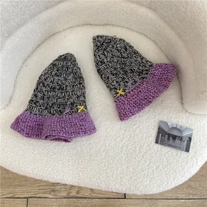 Handmade color-block knitted bucket hat in grey and purple for autumn and winter