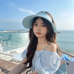 Détail d'un chapeau visière bleu clair à large bord porté par un mannequin à la plage