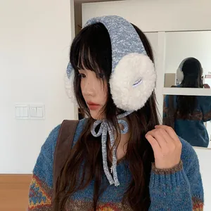 Cache-oreilles en peluche de style coréen, protection hivernale en tricot bleu