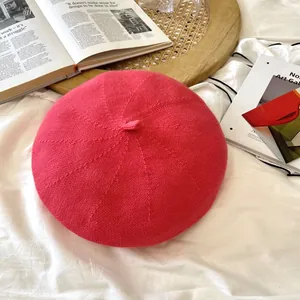 Retro watermelon red knitted beret hat for women with elegant breathable mesh texture