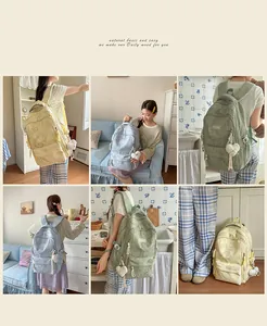 Multi-view display of high-capacity casual backpacks in pastel blue, green, and yellow tones