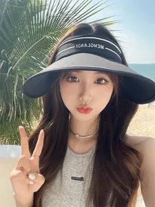 Chapeau pare-soleil noir à large bord pour femme porté par un mannequin à la plage
