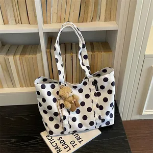 Large capacity white polka dot tote bag with cute bear charm for daily commute