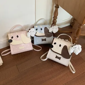 Set of cute puppy mini backpacks in pastel pink, blue, and cream with plush charms