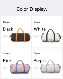 Professional color display showing sports duffel bags in black white pink and purple options.