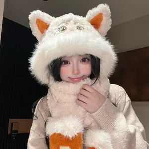 Cute white plush integrated hat and scarf set with animal ears for winter warmth.