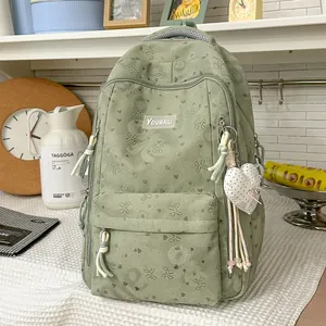 Detailed view of the light green large capacity casual backpack with sweet heart pattern
