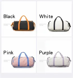 Casual duffel bags displayed in four colors: black, white, pink, and purple.